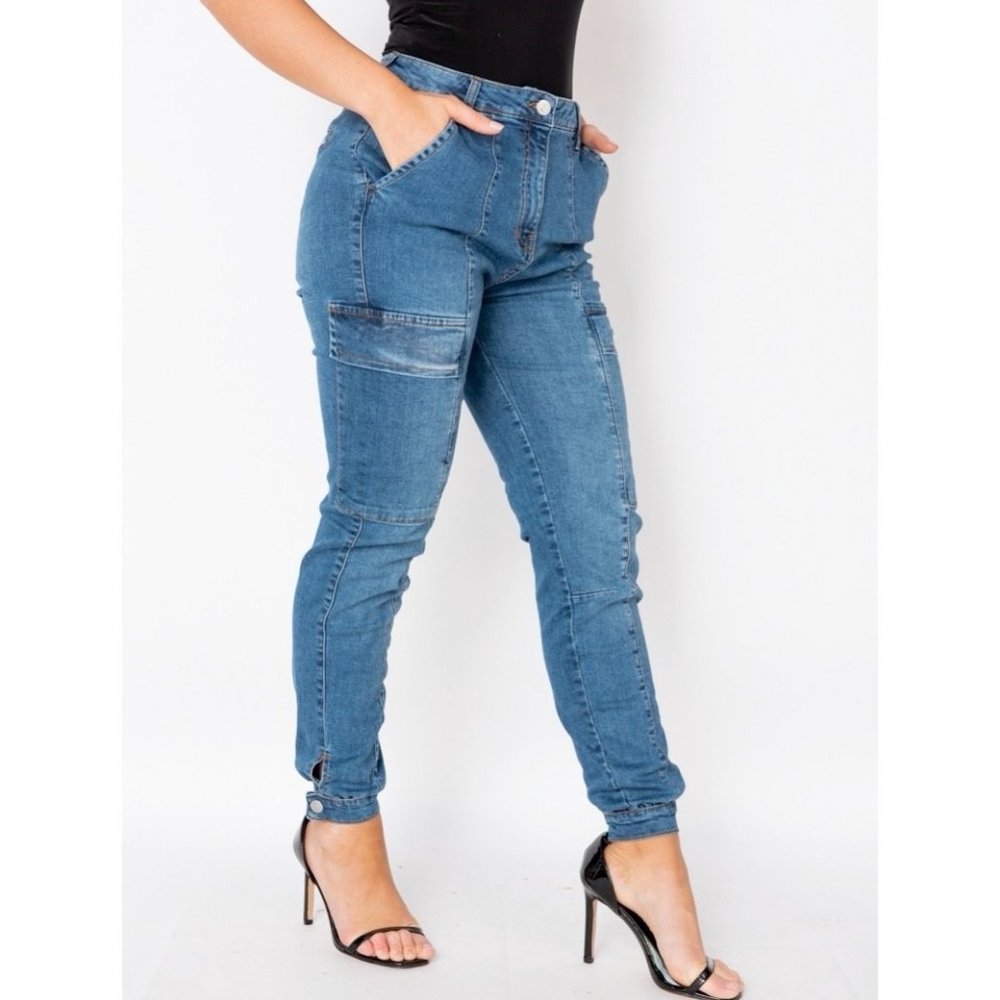 Blue High Waist Denim Jeans Cargo Utility Joggers Jogger Pants - Picture 4 of 11